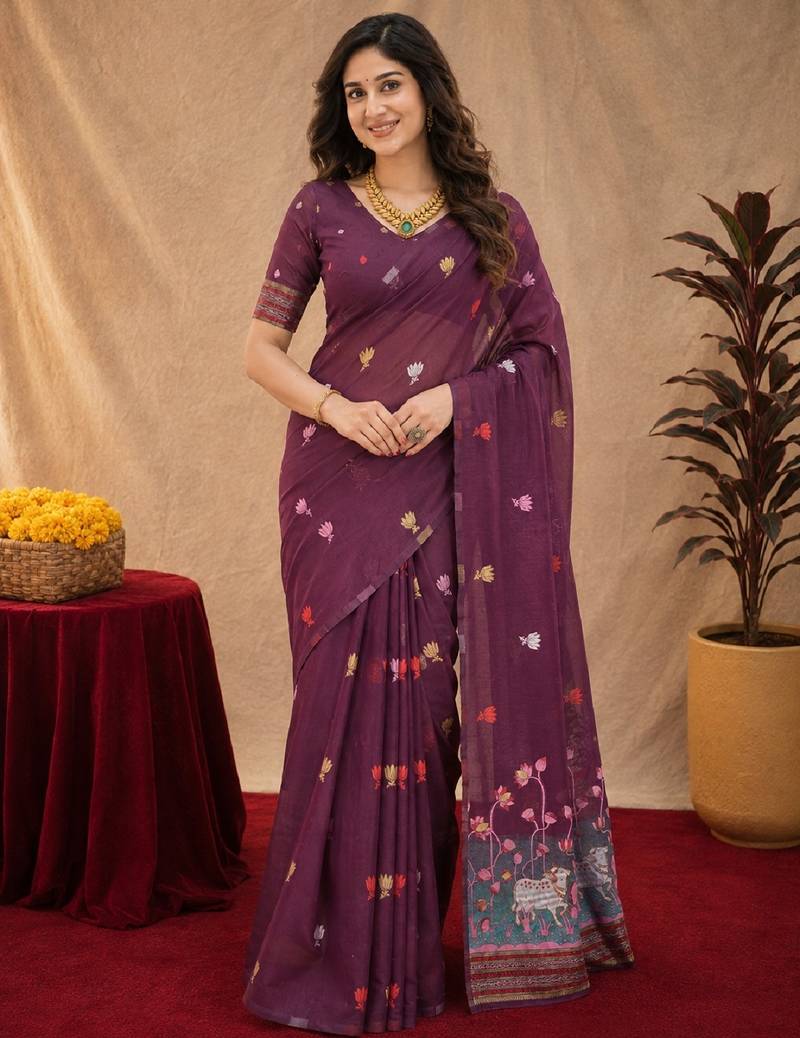 Wine linen jacuard animal motif work saree with unstitched blouse piece
