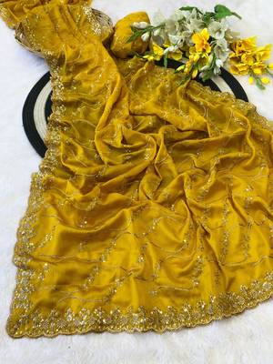 Yellow multicolor sequece embroidery work rangoli saree with blouse 1