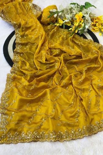 Yellow multicolor sequece embroidery work rangoli saree with blouse