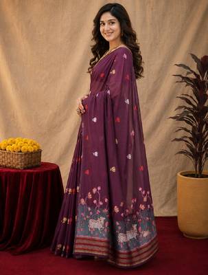 Wine linen jacuard animal motif work saree with unstitched blouse piece 2