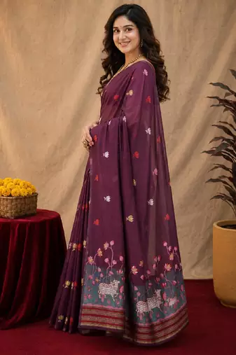 Wine linen jacuard animal motif work saree with unstitched blouse piece