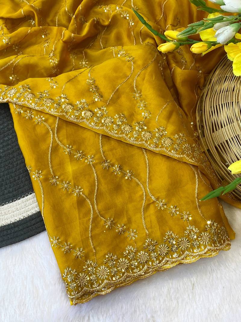 Yellow multicolor sequece embroidery work rangoli saree with blouse