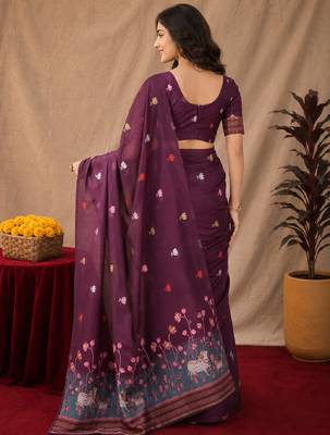 Wine linen jacuard animal motif work saree with unstitched blouse piece 3