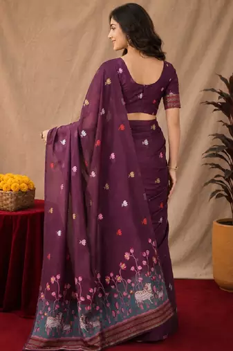Wine linen jacuard animal motif work saree with unstitched blouse piece