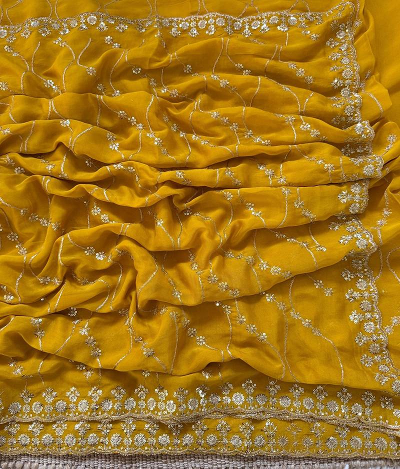 Yellow multicolor sequece embroidery work rangoli saree with blouse