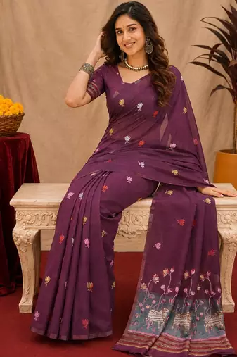 Wine linen jacuard animal motif work saree with unstitched blouse piece