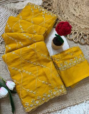 Yellow multicolor sequece embroidery work rangoli saree with blouse 4