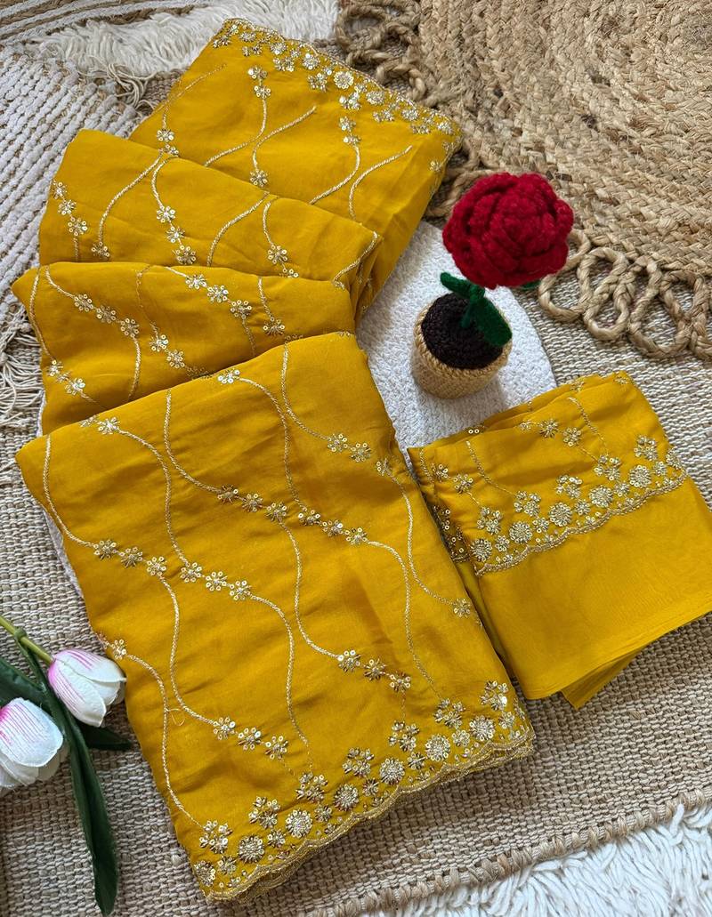 Yellow multicolor sequece embroidery work rangoli saree with blouse