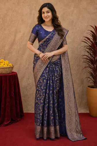 Blue art silk blend banarasi jacuard work saree with unstitched blouse piece