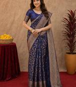 Blue art silk blend banarasi jacuard work saree with unstitched blouse piece