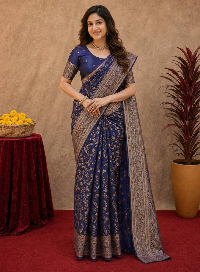 Blue art silk blend banarasi jacuard work saree with unstitched blouse piece