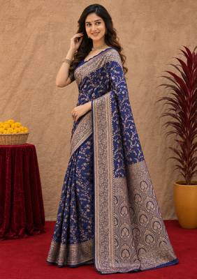 Blue art silk blend banarasi jacuard work saree with unstitched blouse piece 2