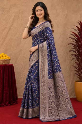 Blue art silk blend banarasi jacuard work saree with unstitched blouse piece