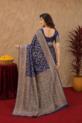 Blue art silk blend banarasi jacuard work saree with unstitched blouse piece 3