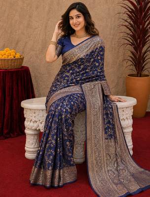Blue art silk blend banarasi jacuard work saree with unstitched blouse piece 4