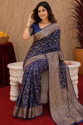 Blue art silk blend banarasi jacuard work saree with unstitched blouse piece