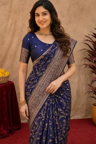 Blue art silk blend banarasi jacuard work saree with unstitched blouse piece