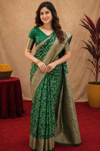 Green art silk blend banarasi jacuard work saree with unstitched blouse piece