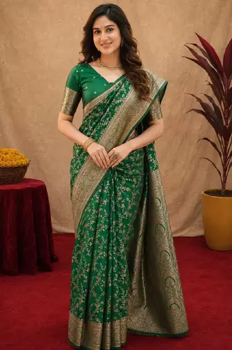 Green art silk blend banarasi jacuard work saree with unstitched blouse piece