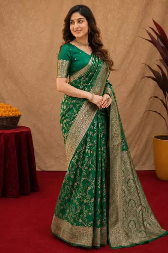 Green art silk blend banarasi jacuard work saree with unstitched blouse piece