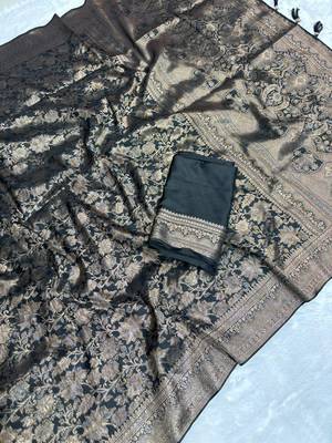 Black top dyed weaving soft silk blend saree with blouse 4