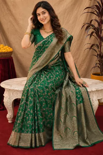 Green art silk blend banarasi jacuard work saree with unstitched blouse piece