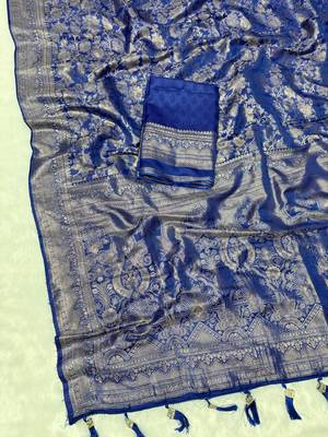 Blue top dyed weaving soft silk blend saree with blouse 2