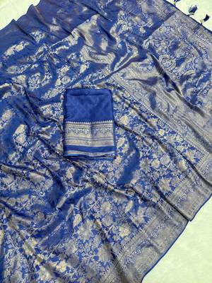 Blue top dyed weaving soft silk blend saree with blouse 3