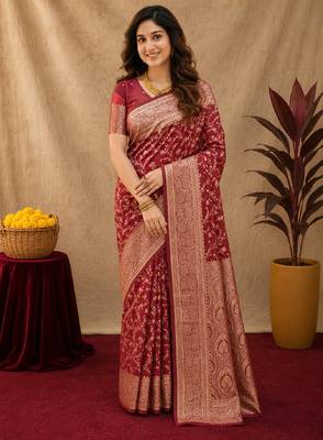 Red art silk blend banarasi jacuard work saree with unstitched blouse piece 1