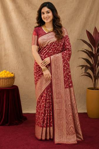 Red art silk blend banarasi jacuard work saree with unstitched blouse piece