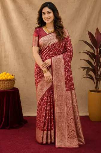 Red art silk blend banarasi jacuard work saree with unstitched blouse piece