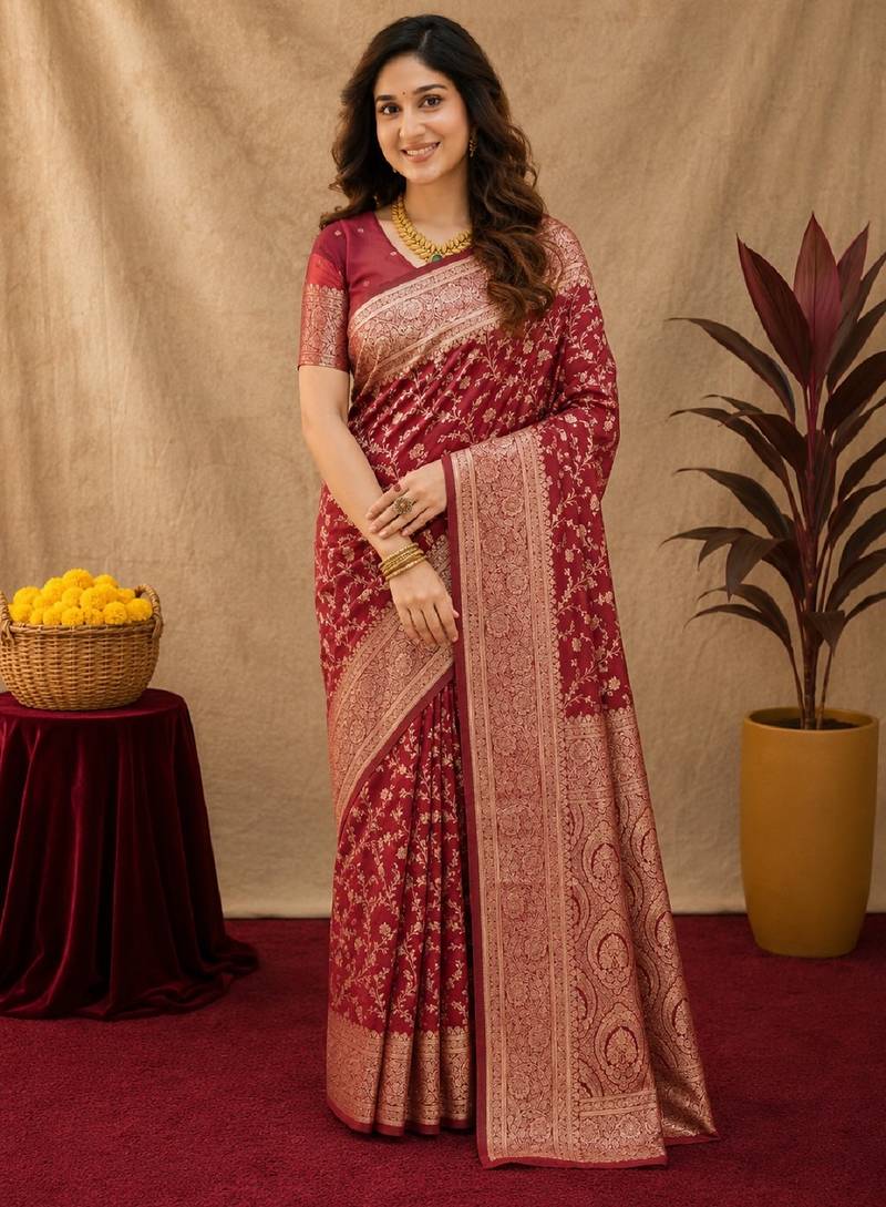 Red art silk blend banarasi jacuard work saree with unstitched blouse piece