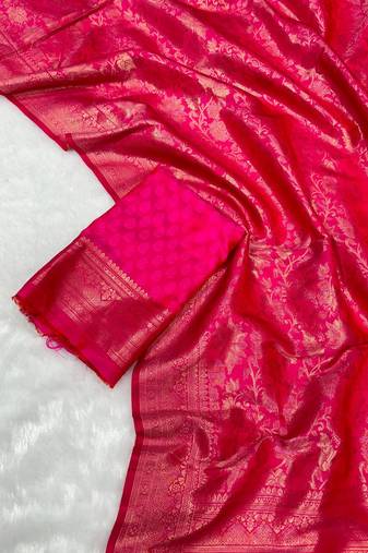 Pink top dyed weaving soft silk blend saree with blouse