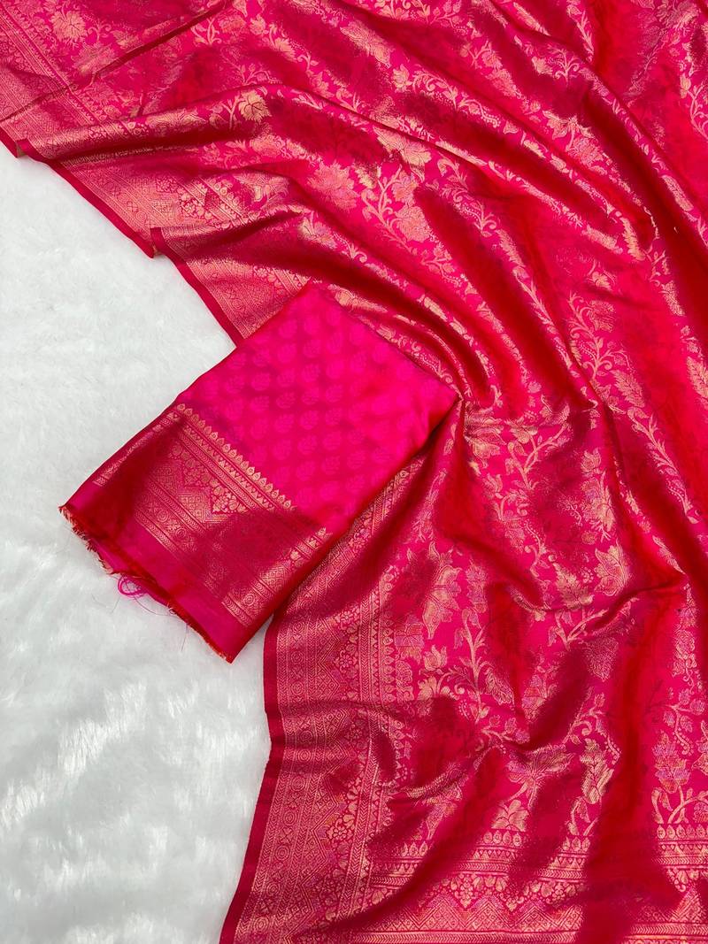 Pink top dyed weaving soft silk blend saree with blouse