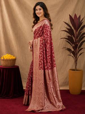 Red art silk blend banarasi jacuard work saree with unstitched blouse piece 2