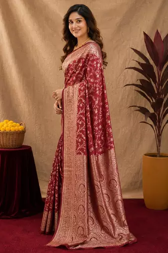 Red art silk blend banarasi jacuard work saree with unstitched blouse piece