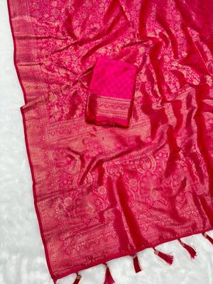 Pink top dyed weaving soft silk blend saree with blouse 2