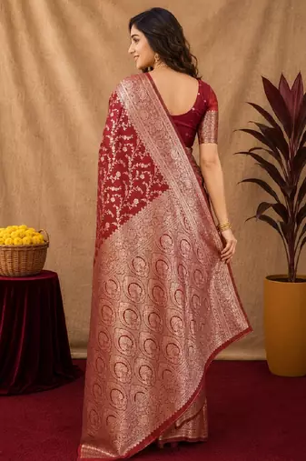 Red art silk blend banarasi jacuard work saree with unstitched blouse piece