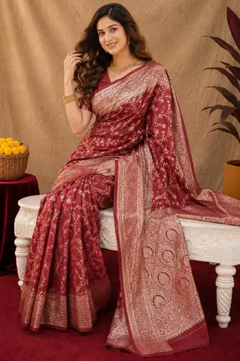 Red art silk blend banarasi jacuard work saree with unstitched blouse piece