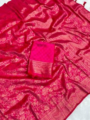 Pink top dyed weaving soft silk blend saree with blouse 4