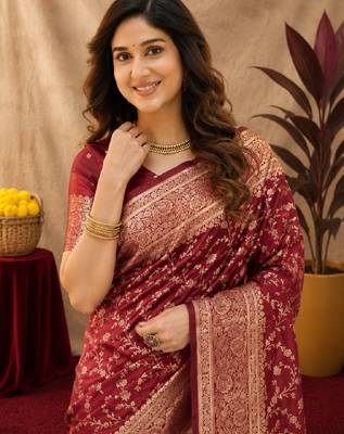 Red art silk blend banarasi jacuard work saree with unstitched blouse piece 5