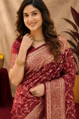 Red art silk blend banarasi jacuard work saree with unstitched blouse piece