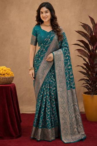 Turuoise art silk blend banarasi jacuard work saree with unstitched blouse piece