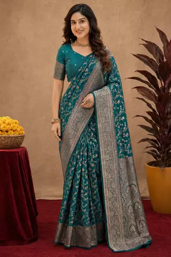 Turuoise art silk blend banarasi jacuard work saree with unstitched blouse piece