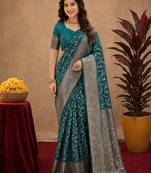 Turuoise art silk blend banarasi jacuard work saree with unstitched blouse piece