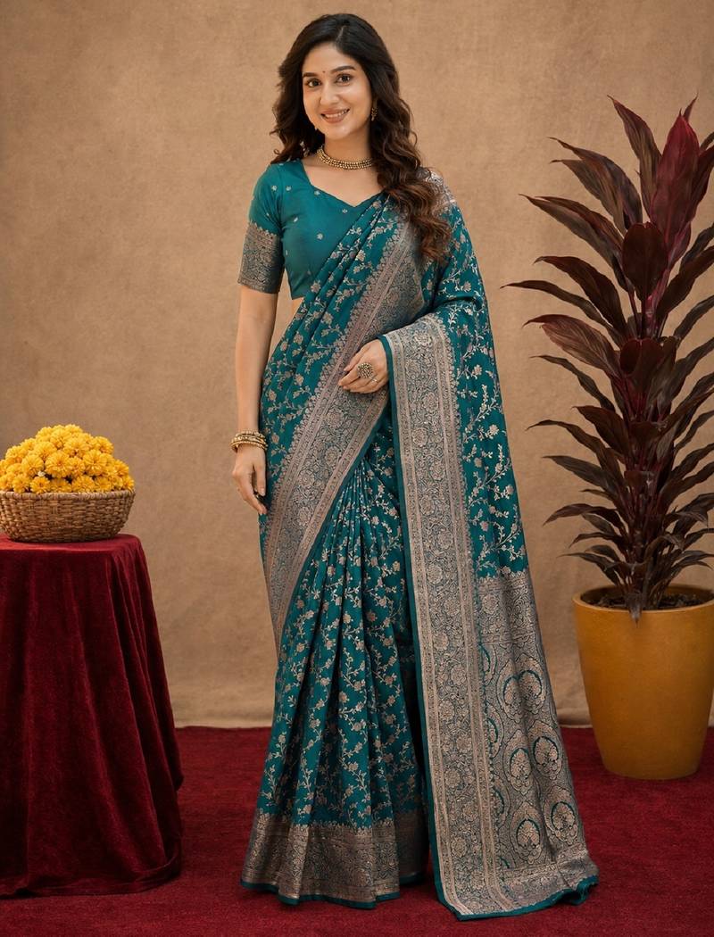 Turuoise art silk blend banarasi jacuard work saree with unstitched blouse piece