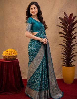 Turuoise art silk blend banarasi jacuard work saree with unstitched blouse piece 2