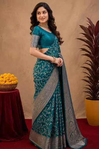 Turuoise art silk blend banarasi jacuard work saree with unstitched blouse piece