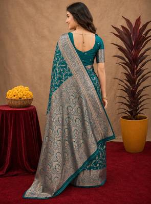 Turuoise art silk blend banarasi jacuard work saree with unstitched blouse piece 3