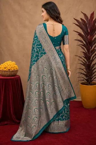 Turuoise art silk blend banarasi jacuard work saree with unstitched blouse piece